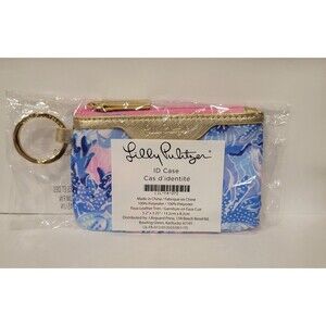 New Lilly Pulitzer Blue and Pink ID Case Key Chain Wallet Gold Tone Zip Closure